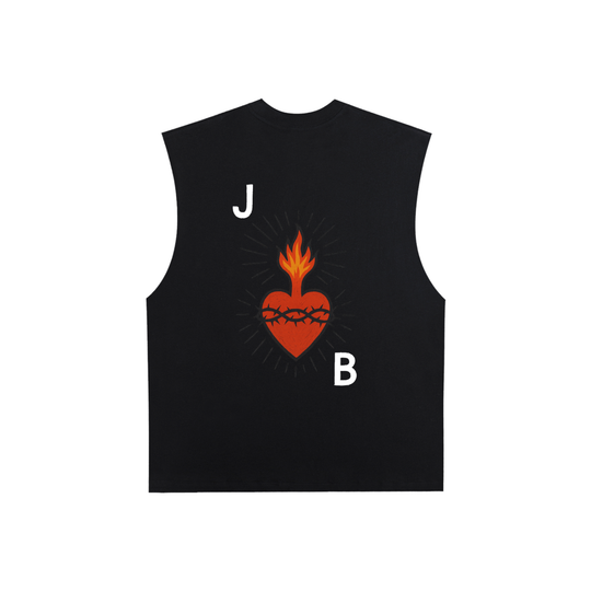 A black sleeveless tank top featuring a central red and orange sacred heart graphic with a flame, flanked by white letters &