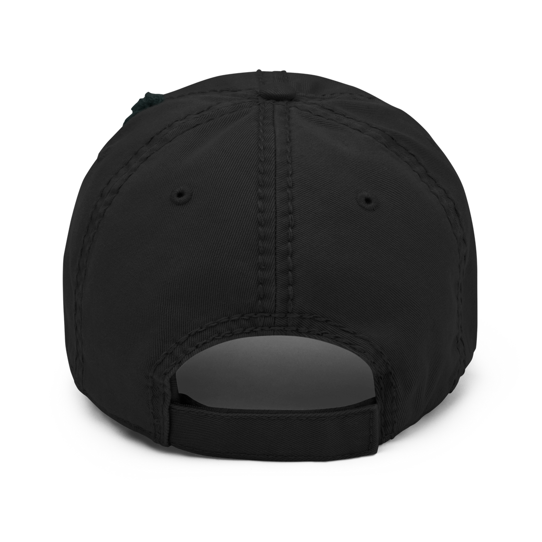 Black distressed dad baseball cap by Erik Of London Limited, featuring a worn, vintage look and classic baseball cap style.