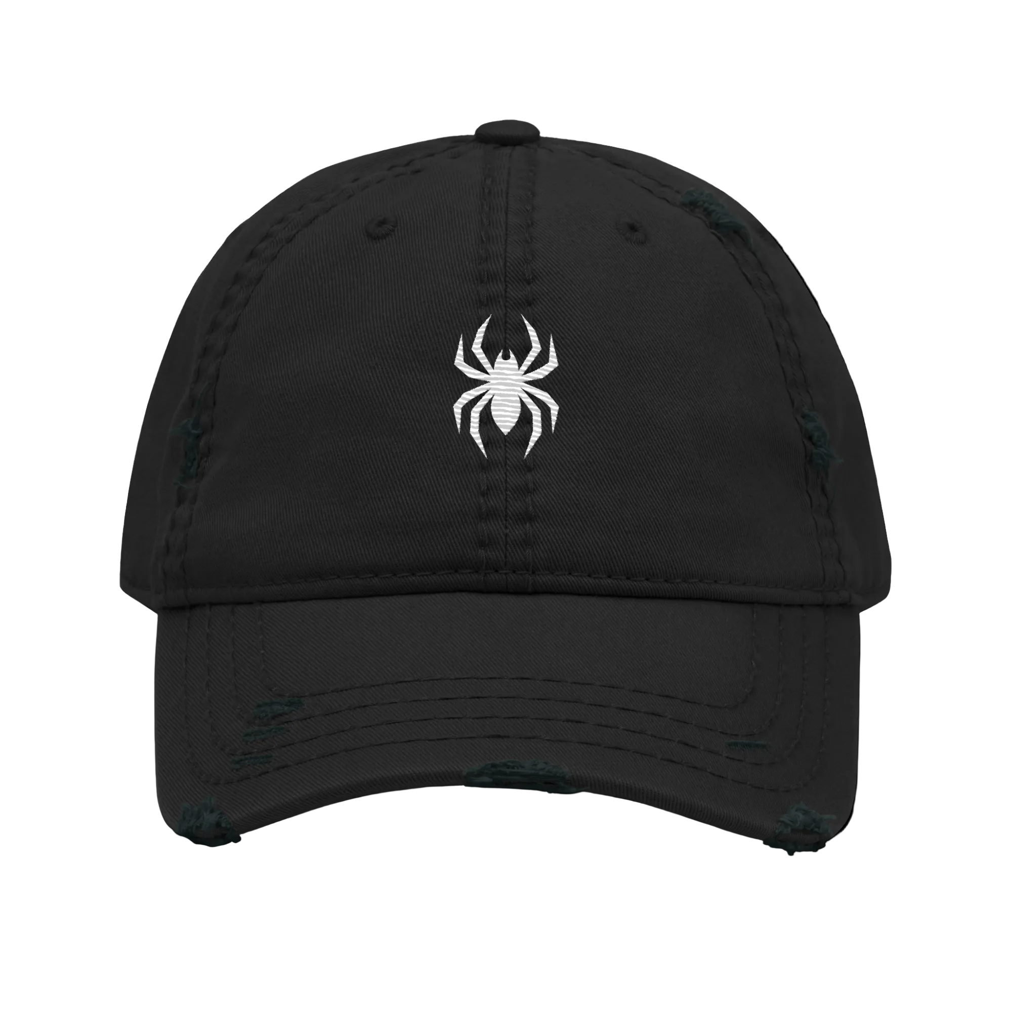 Black distressed baseball cap by Erik Of London Limited, Spider Gang Distressed Hat with worn, vintage-style front design.