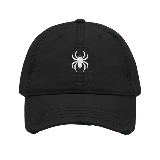 Black distressed baseball cap by Erik Of London Limited, Spider Gang Distressed Hat with worn, vintage-style front design.