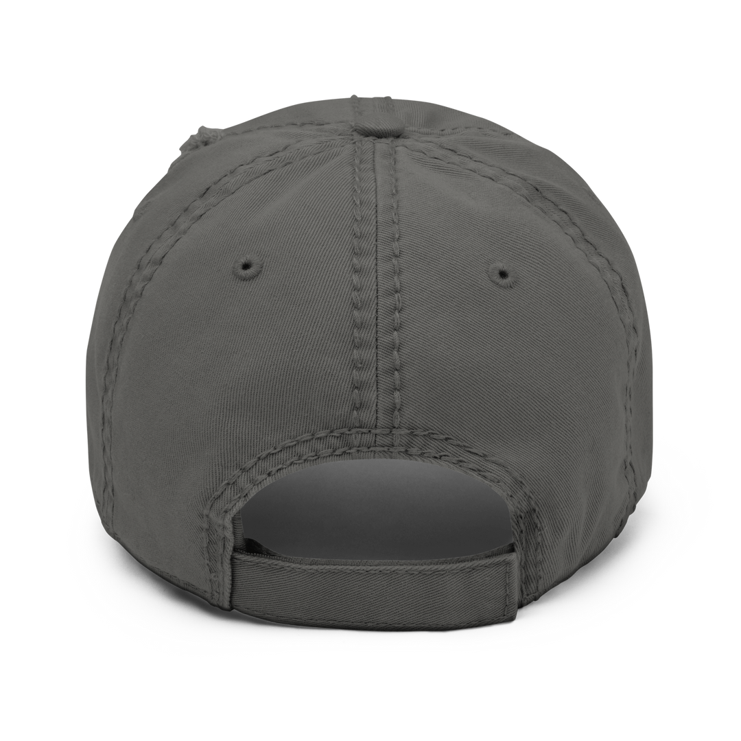 Charcoal grey distressed baseball cap by Erik Of London Limited with a relaxed, worn-in style and adjustable back.