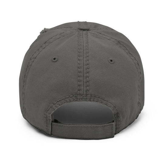 Charcoal grey distressed baseball cap by Erik Of London Limited with a relaxed, worn-in style and adjustable back.