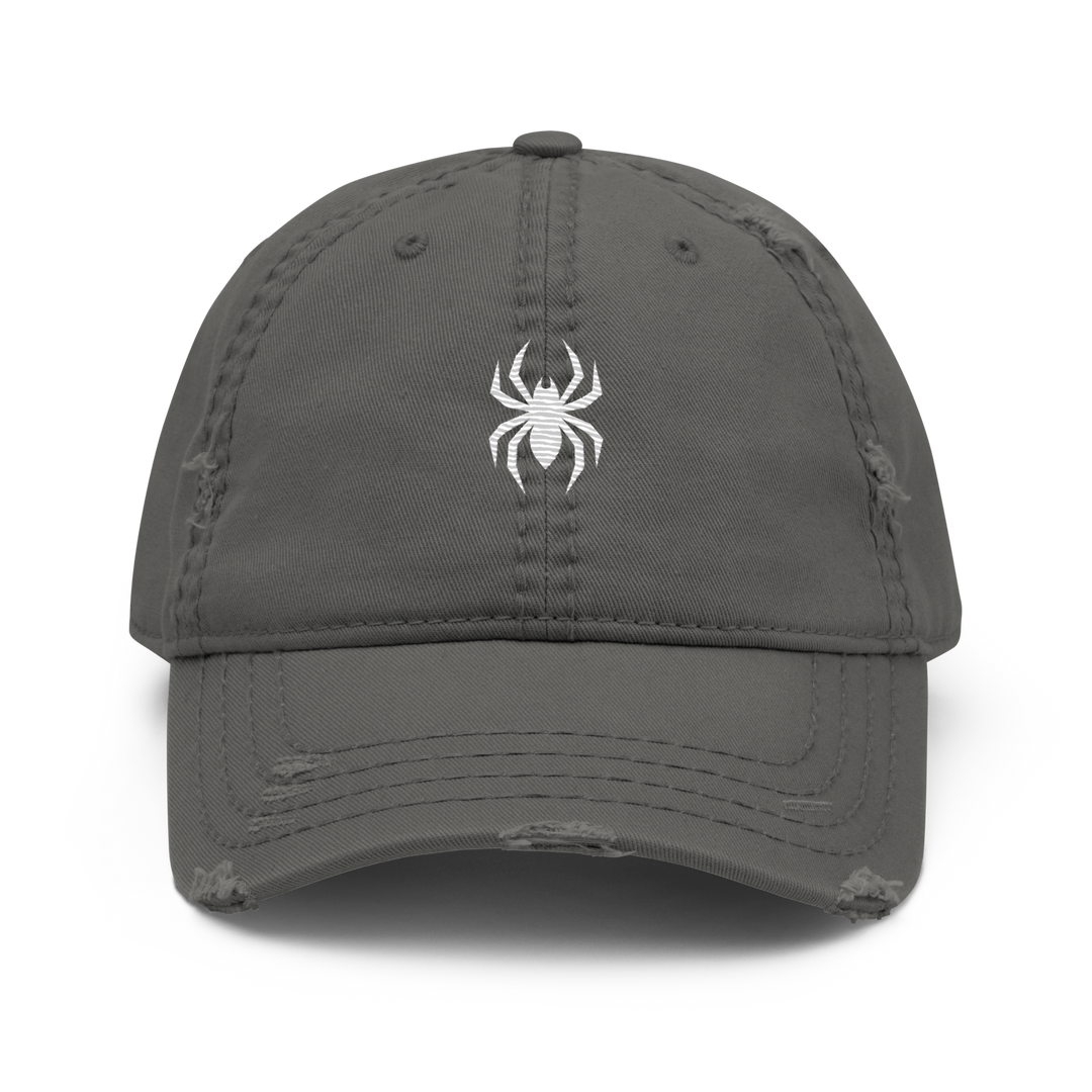 Charcoal grey distressed baseball cap by Erik Of London Limited, Spider Gang Distressed Hat with a relaxed, worn-in look.