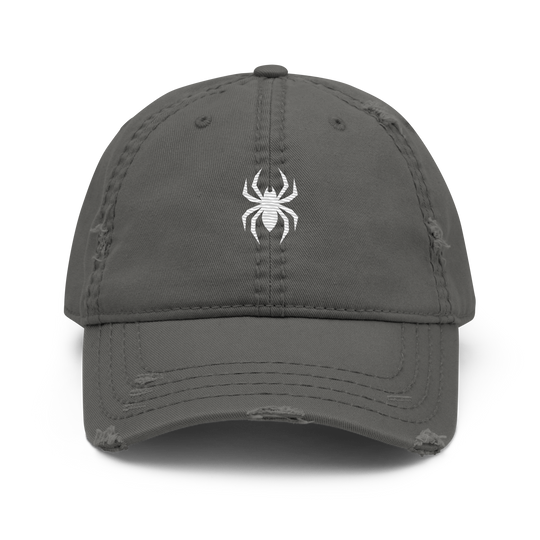 Charcoal grey distressed baseball cap by Erik Of London Limited, Spider Gang Distressed Hat with a relaxed, worn-in look.