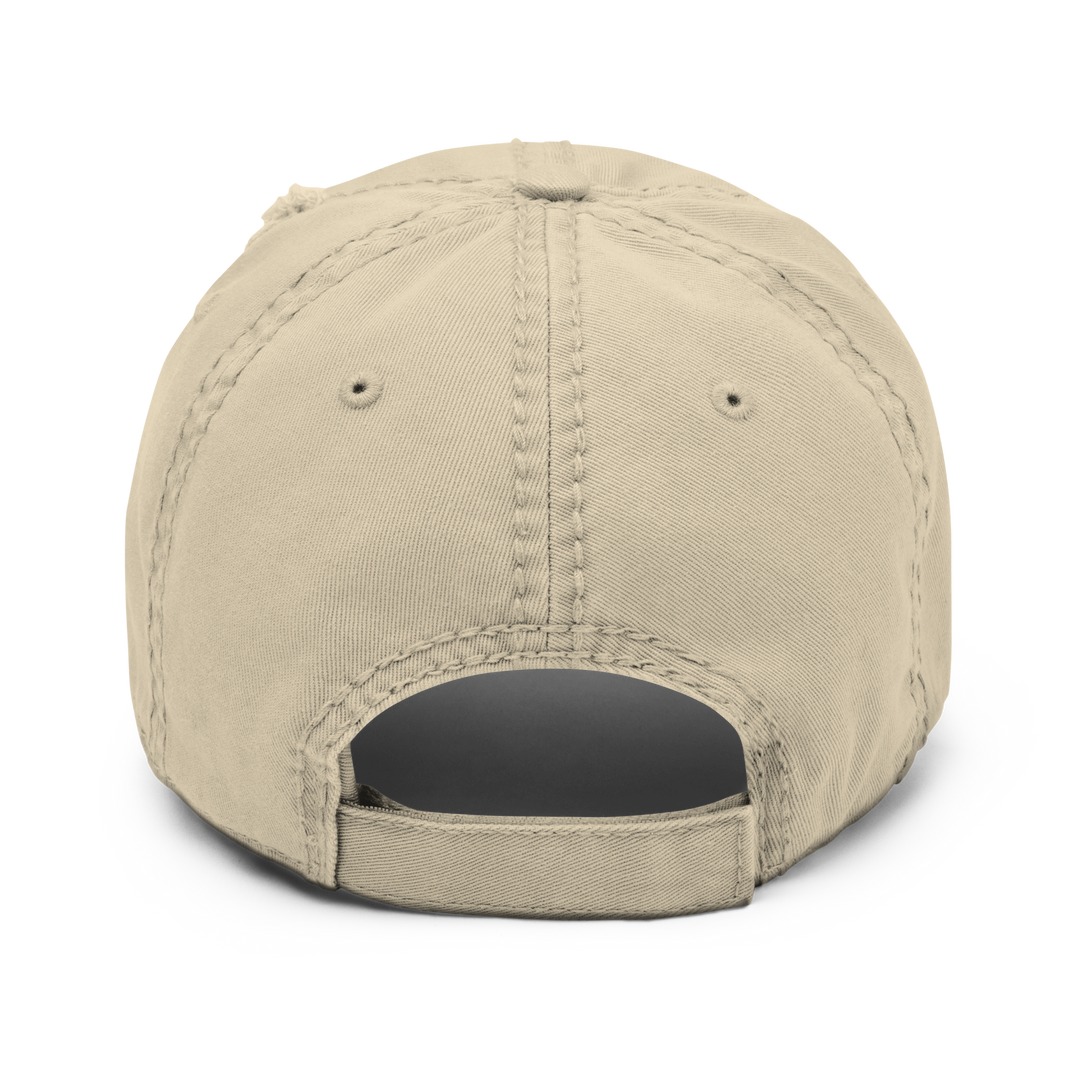Distressed khaki baseball cap by Erik Of London Limited, Spider Gang branded dad hat with a relaxed, worn-in look.