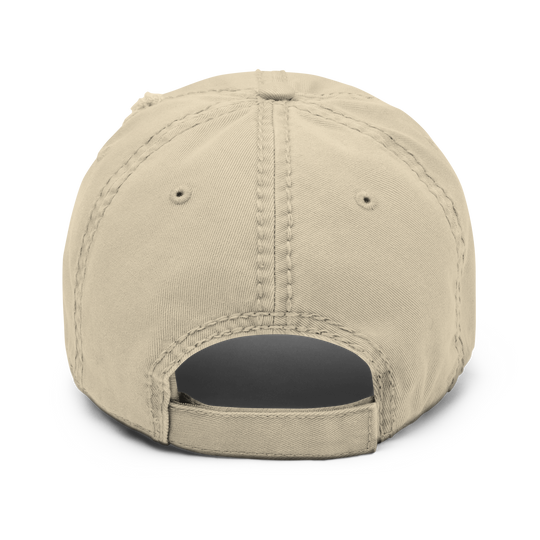 Distressed khaki baseball cap by Erik Of London Limited, Spider Gang branded dad hat with a relaxed, worn-in look.