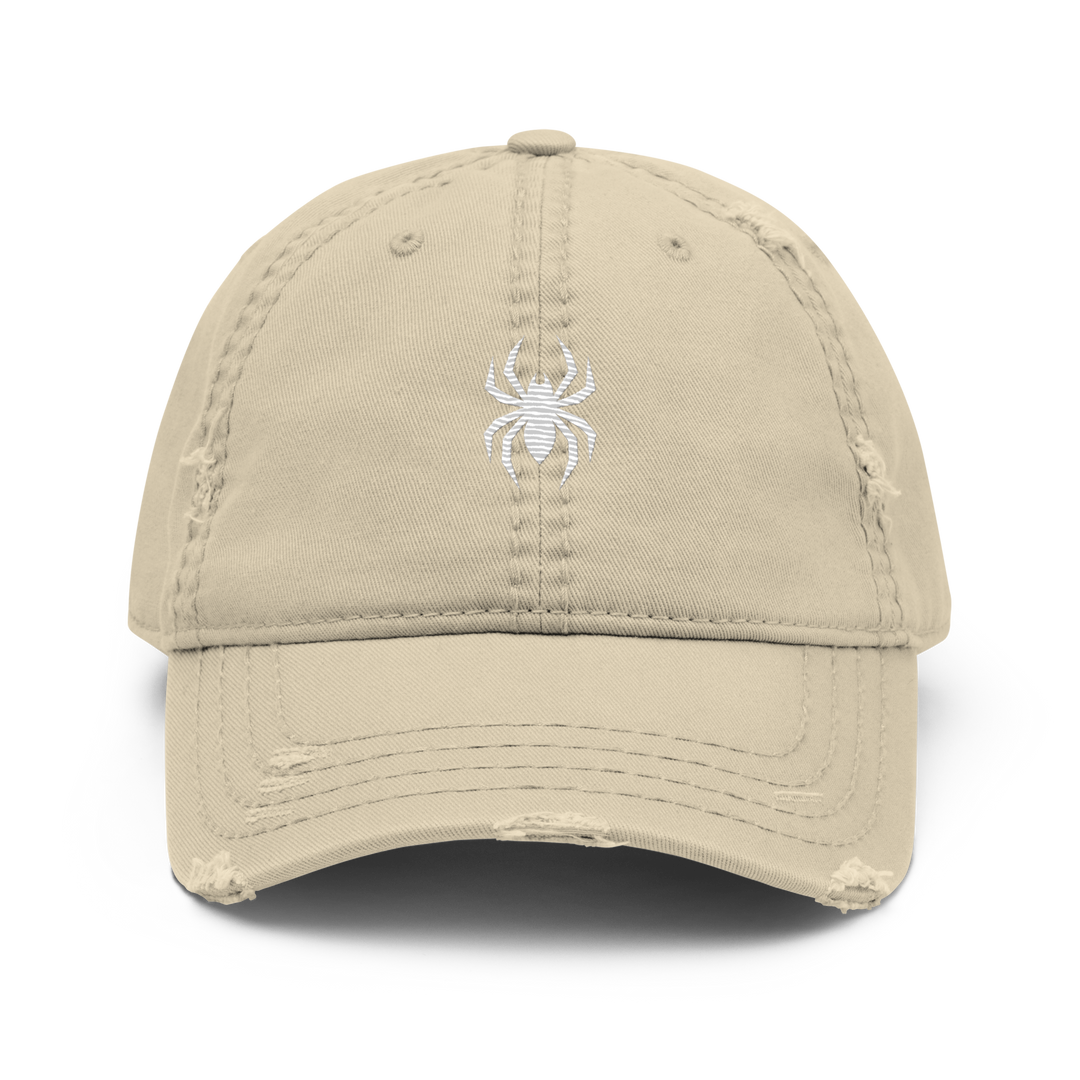 Khaki distressed baseball cap by Erik Of London Limited with a relaxed, worn-in look and front logo detail.