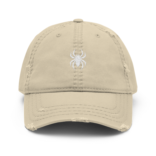 Khaki distressed baseball cap by Erik Of London Limited with a relaxed, worn-in look and front logo detail.