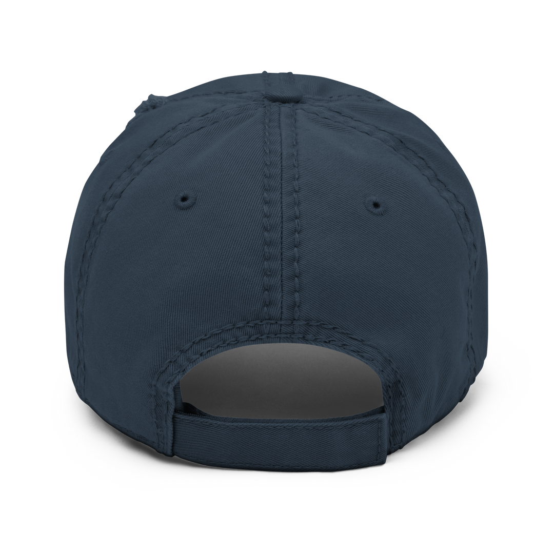 Navy distressed baseball cap by Erik Of London Limited with a worn, vintage look and curved brim.