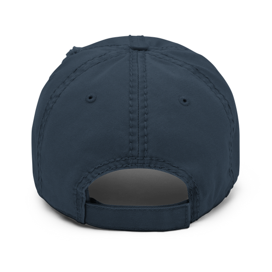 Navy distressed baseball cap by Erik Of London Limited with a worn, vintage look and curved brim.