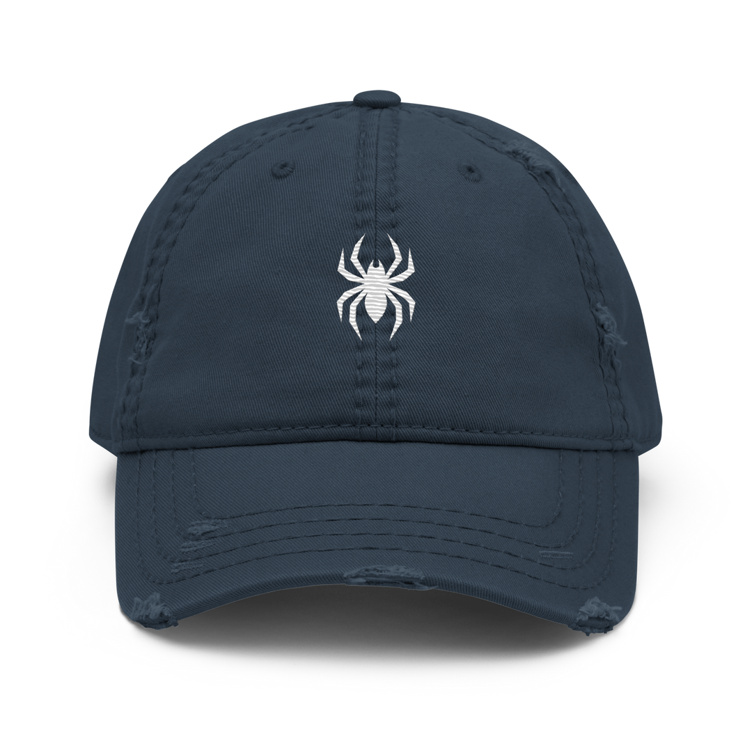 Navy distressed baseball cap by Erik Of London Limited with a relaxed, worn-in look and embroidered front design.