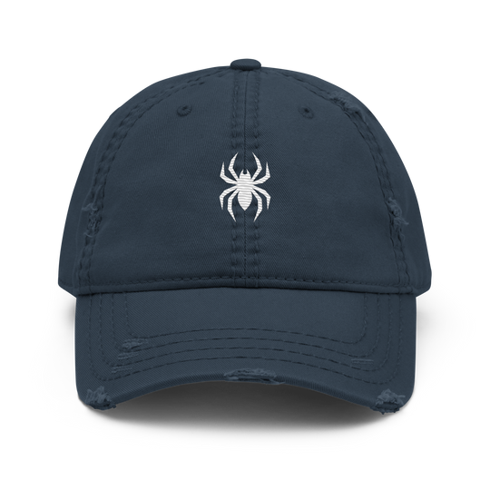 Navy distressed baseball cap by Erik Of London Limited with a relaxed, worn-in look and embroidered front design.