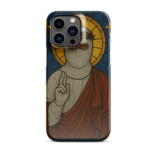 Glossy Erik Of London Limited S.D.L.V. Thief in the Night iPhone® case on iPhone 14 Pro Max showing front design.