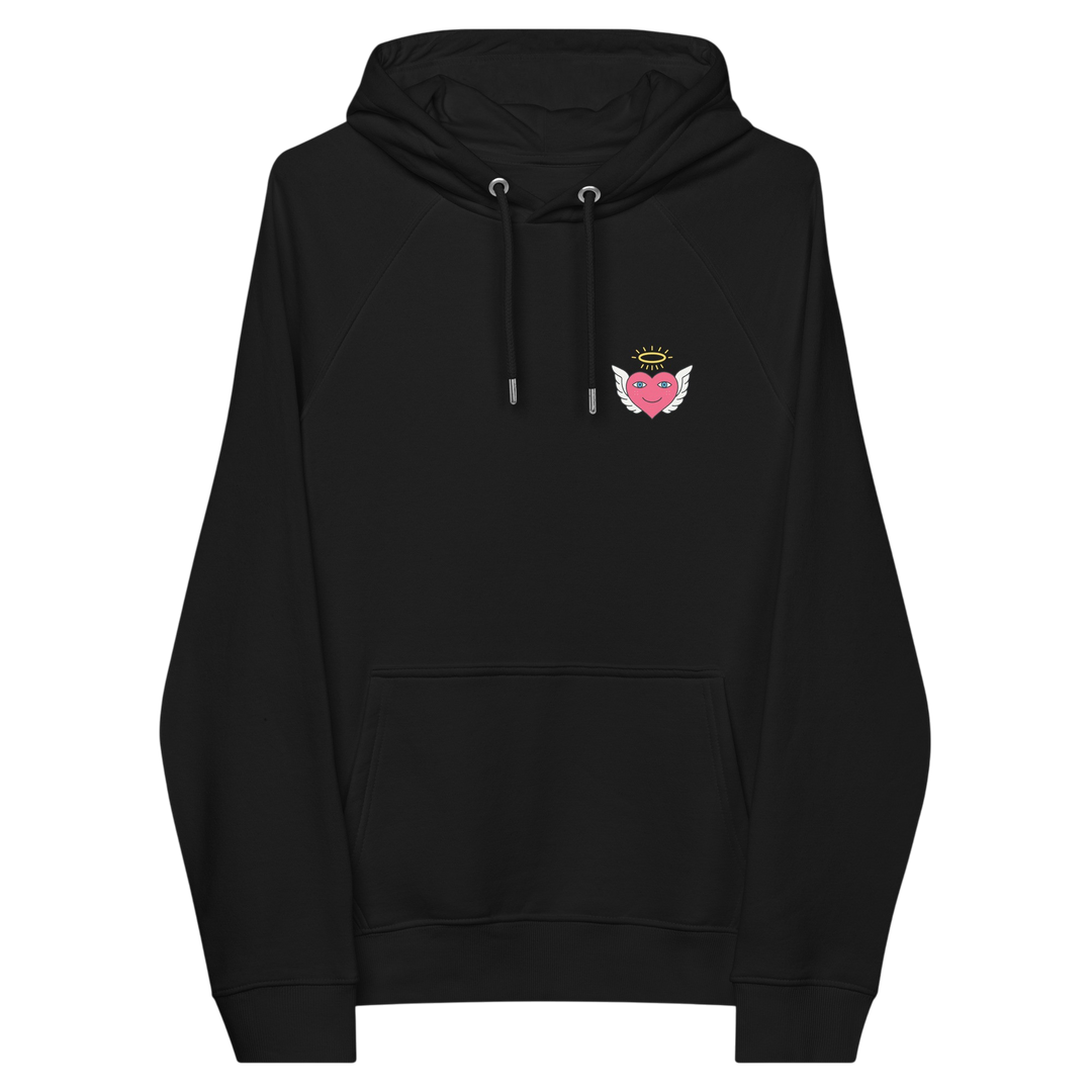 Unisex black S.D.L.V. Thief in the Night hoodie by Erik Of London Limited, showing the front view with eco-friendly raglan sleeves.