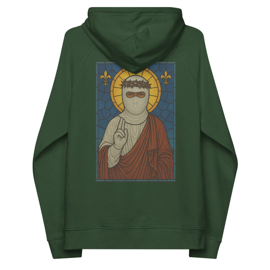 Unisex eco-friendly bottle green raglan hoodie featuring a thief in the night graphic design by Erik Of London Limited.