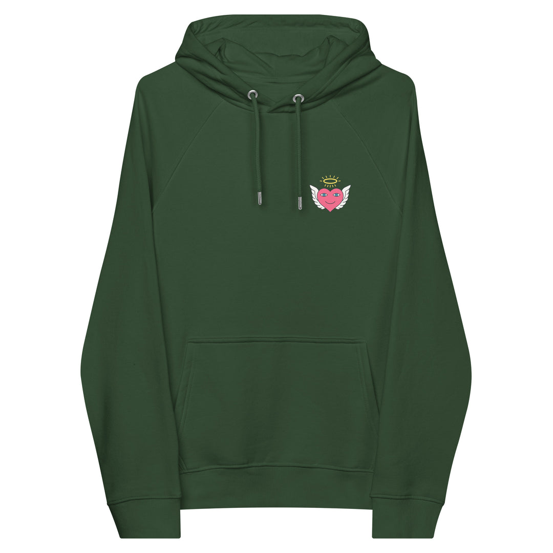 Unisex eco raglan hoodie in bottle green featuring the S.D.L.V. Thief in the Night design by Erik Of London Limited.
