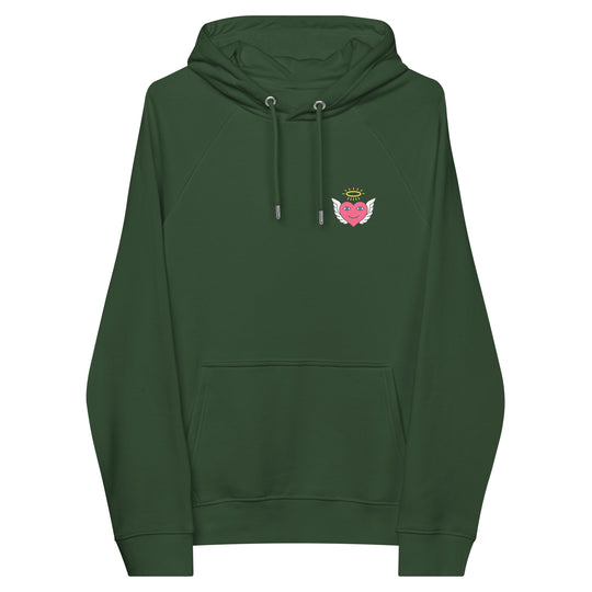 Unisex eco raglan hoodie in bottle green featuring the S.D.L.V. Thief in the Night design by Erik Of London Limited.