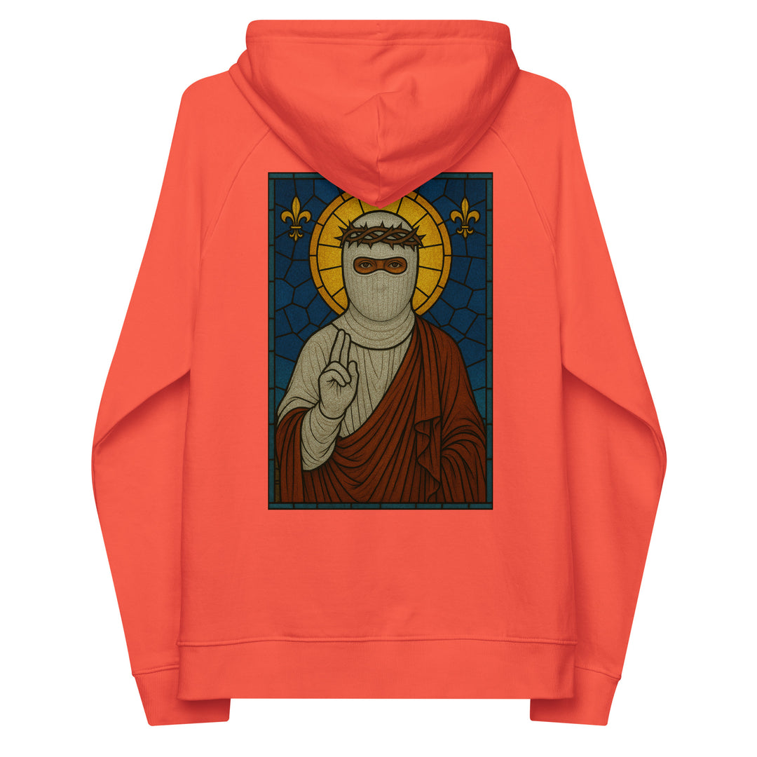 Unisex burnt orange hoodie with thief in the night design on the back by Erik Of London Limited, eco-friendly raglan style.