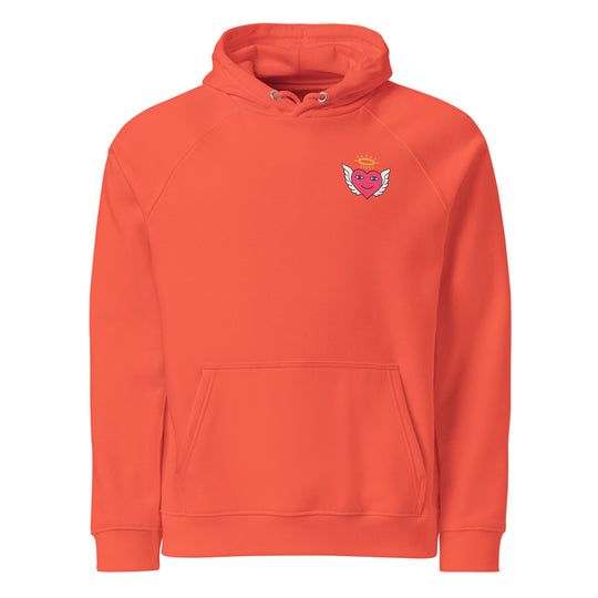 Unisex burnt orange S.D.L.V. Immaculate Conception hoodie by Erik Of London Limited, front view showing eco raglan design.