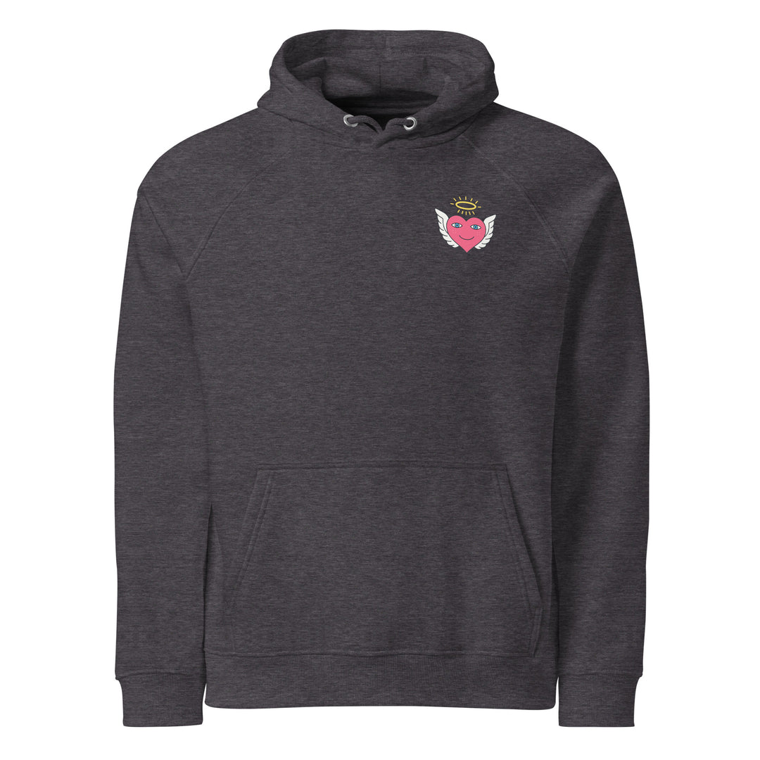 Unisex charcoal melange hoodie by Erik Of London Limited featuring an eco-friendly raglan design and front print.