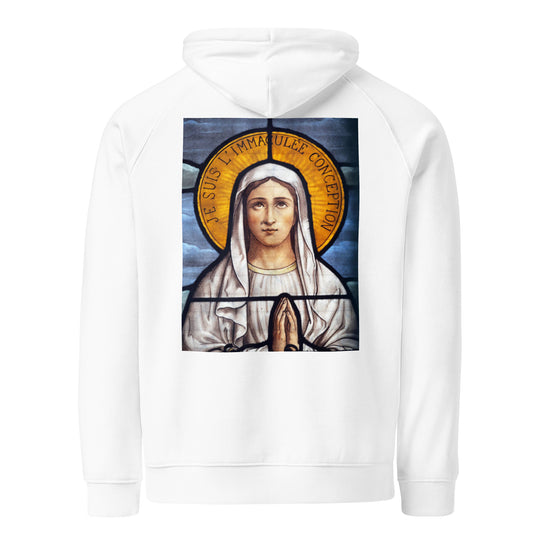 Unisex white eco raglan hoodie by Erik Of London Limited featuring Immaculate Conception graphic on the back.
